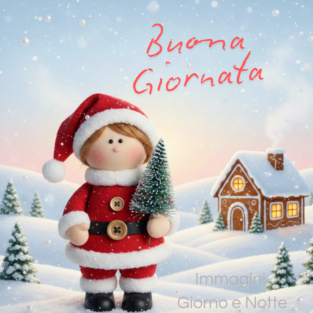 Immagine di Buona Giornata Natale con bimbo vestito da Babbo Natale che tiene un alberello, casetta innevata sullo sfondo – Immagini Giorno e Notte