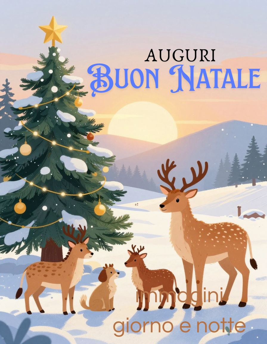 cartolina auguri Buon Natale con albero di Natale illuminato e famiglia di cerbiatti nella neve, scritta auguri buon Natale