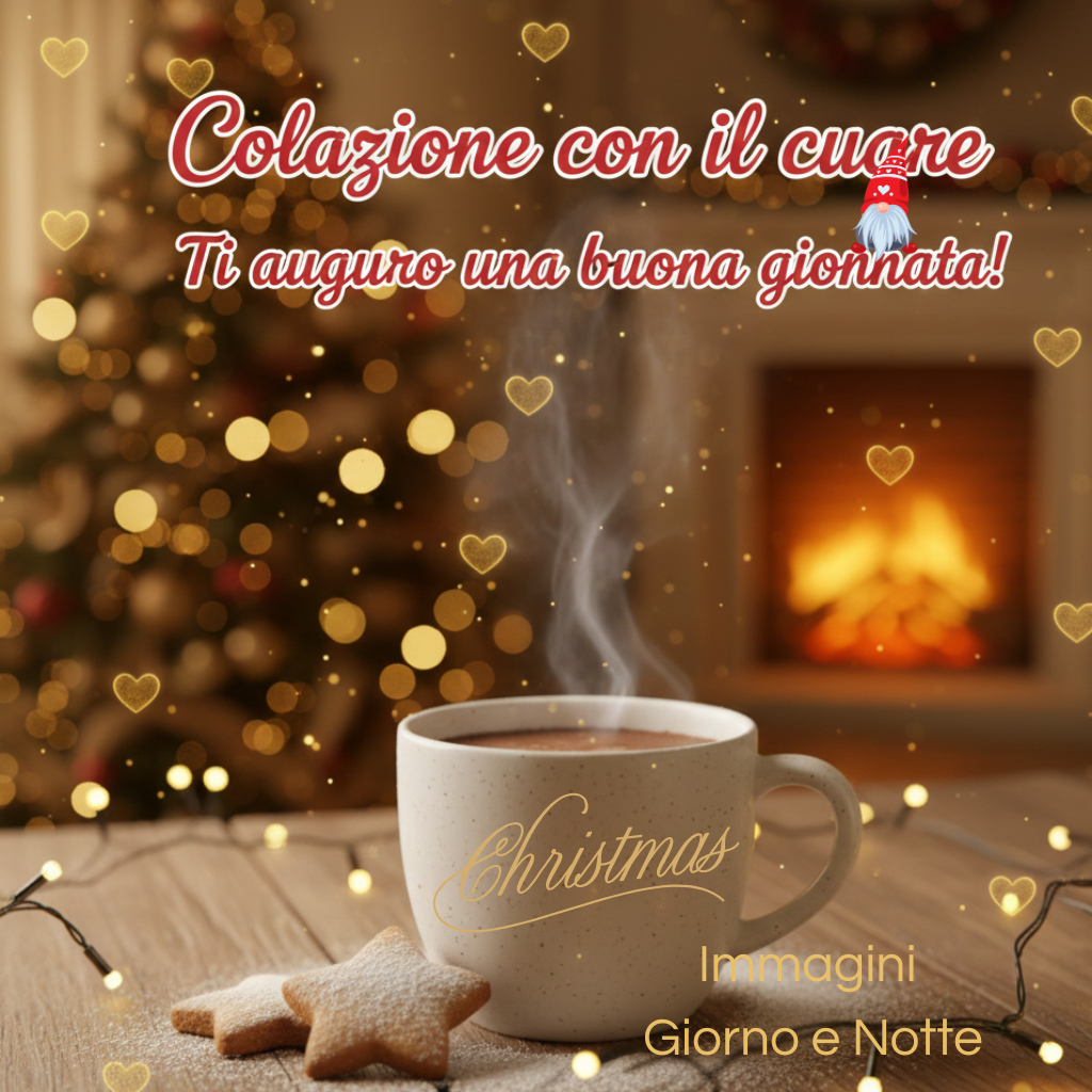 tazza di caffè fumante su tavolo di legno con lucine di Natale e camino acceso, scritta “colazione con il cuore ti auguro una buona giornata”